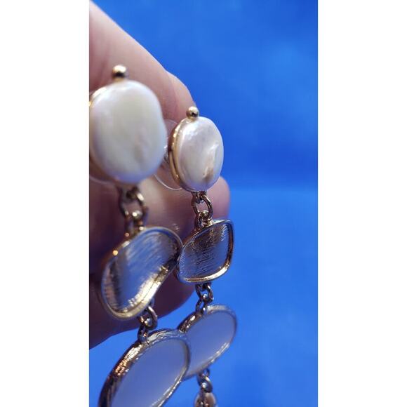 Vintage Earrings Long Dangle Genuine Pearl Selenite & Lucite Gold Toned Pierced - Picture 11 of 14